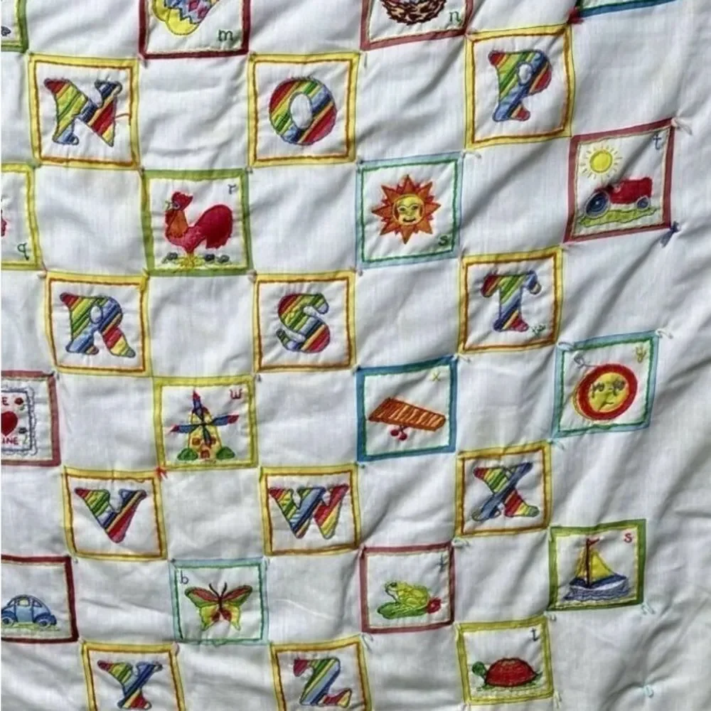 Vintage Hand Embroidered Blanket Baby Blanket Wall Decor Alphabet Patch Work